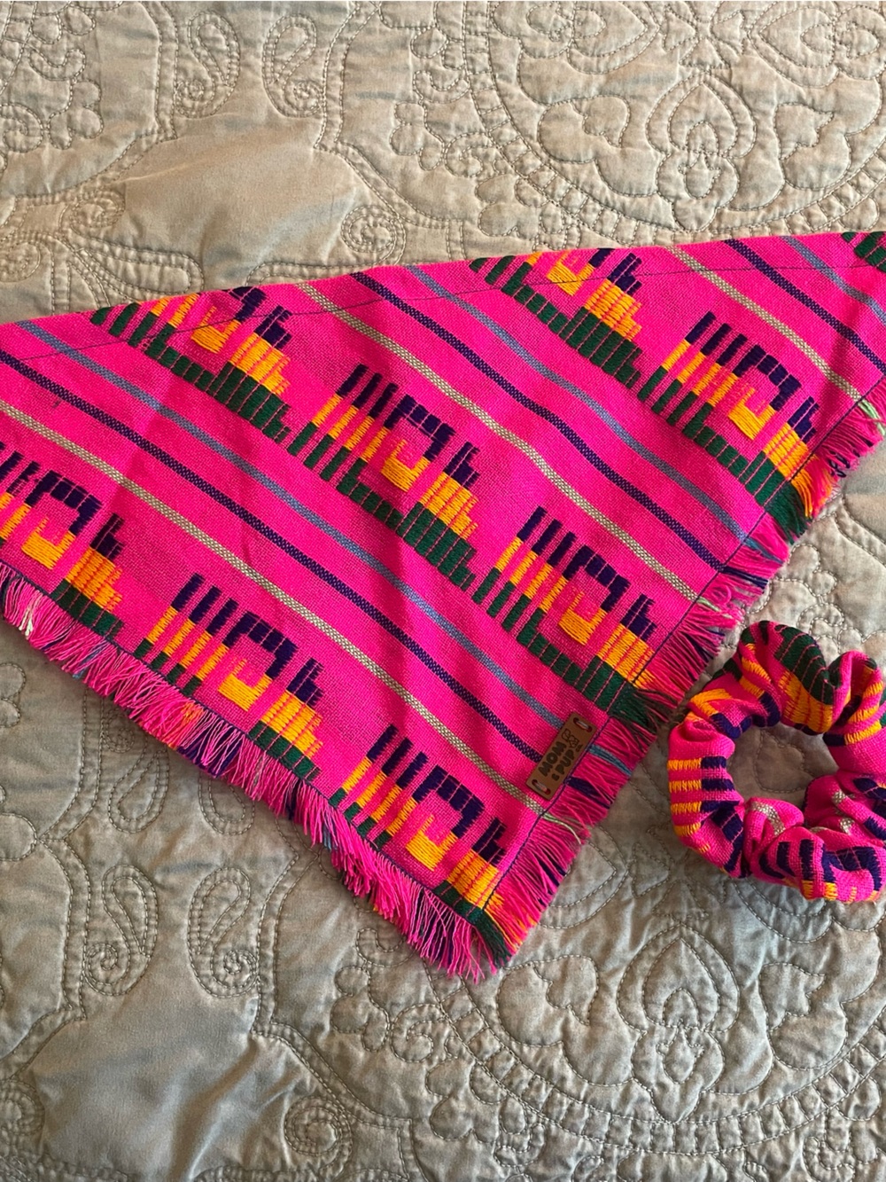 Vibrant Pink Woven Geometric Scarf with Matching Scrunchie